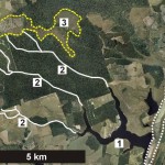 Lagoa Canto Canto Grande (1), paleocanais de drenagem (2), vegetação de campo e floresta(3), cordões litoraneos